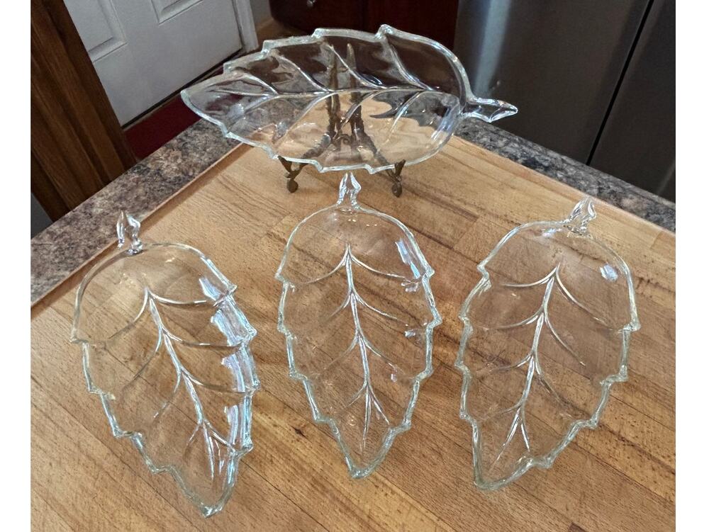 1960s Vintage Hazel Atlas Clear Glass Leaf Dishes Set of 4 Appetizer Plates